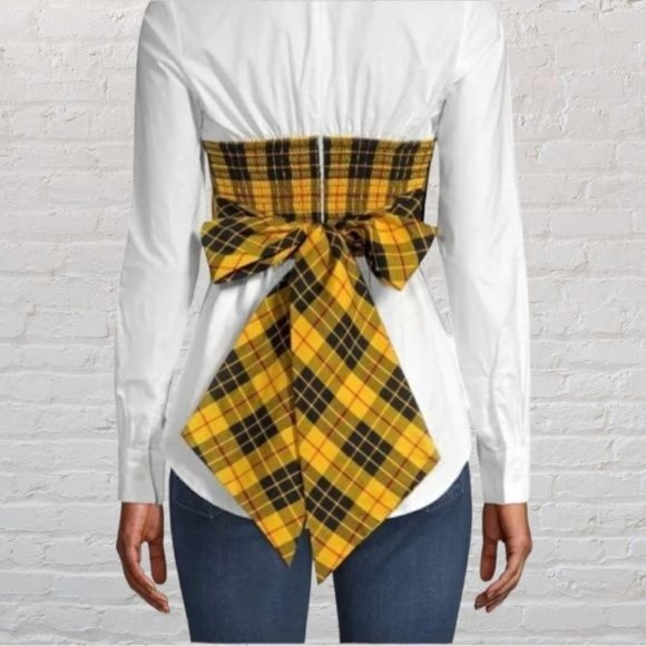 Petersyn Monroe Blouse Plaid Tartan Panel Tie Back Blouse White Yellow S - Picture 5 of 16
